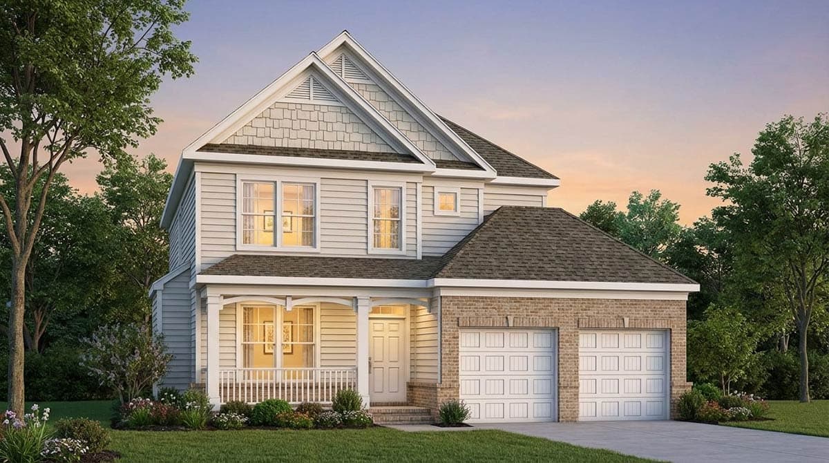 Two-story house plan exterior with a covered front porch, dual garage doors, and a gable roof with dormers.
