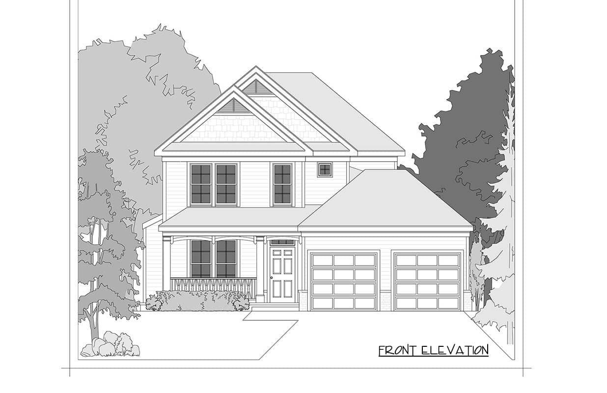 Front elevation drawing of a two-story house plan with a covered porch, gable with shingle siding, and a three-car garage.