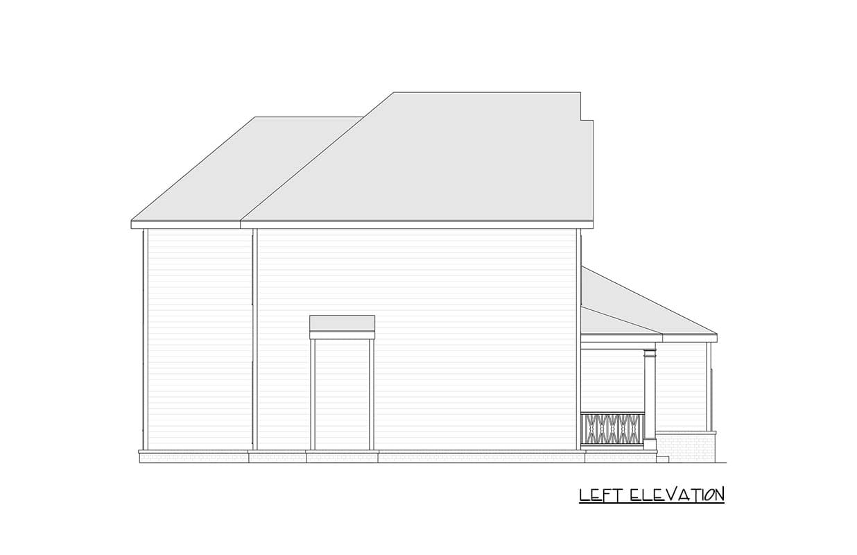 Left elevation drawing of a house plan showing siding, a covered porch with decorative railing, and varied rooflines.