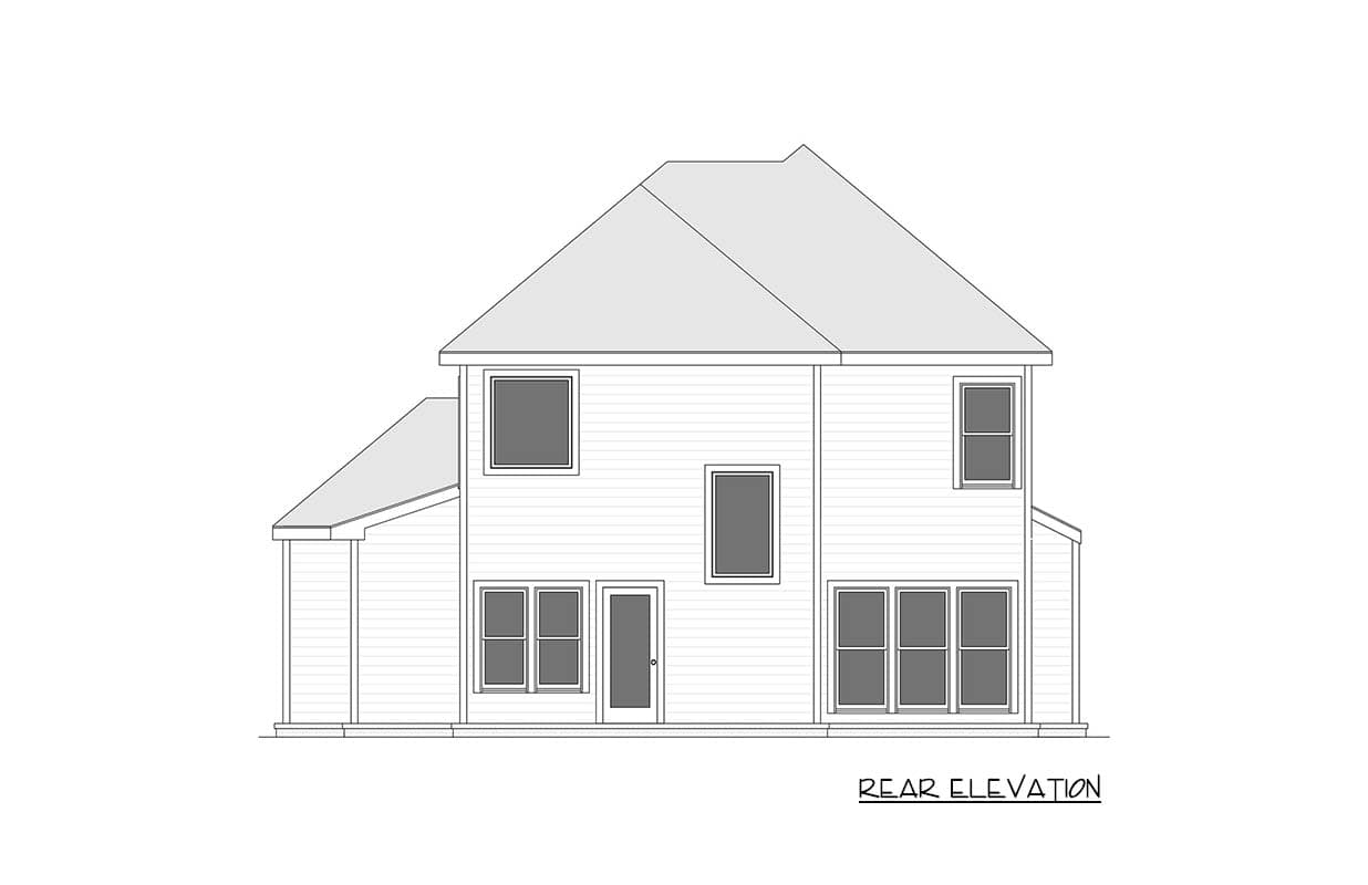 Rear elevation drawing of a two-story house with multiple windows and a central door.