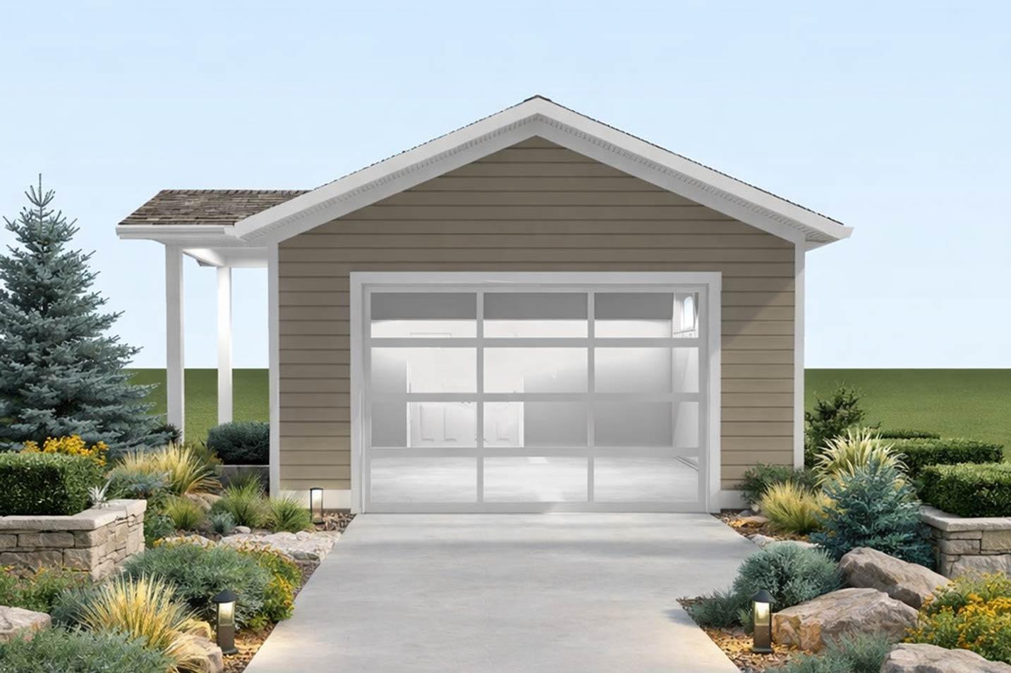 House plan exterior: One-story building with a pitched roof, vinyl siding, and a large, modern glass garage door.