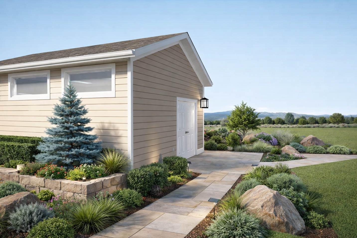 House plan exterior rendering of a tan siding structure with a single garage door, two horizontal windows, and landscaping.