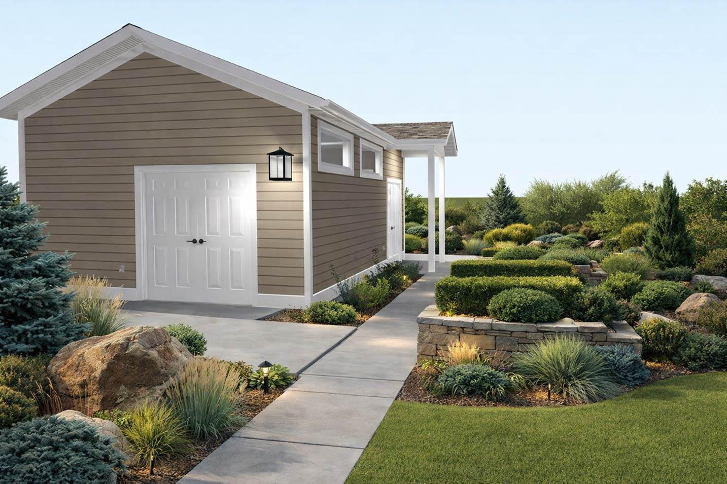 House plan exterior: one-story building with a double garage door, beige siding, white trim, and a covered walkway. Landscaped garden.
