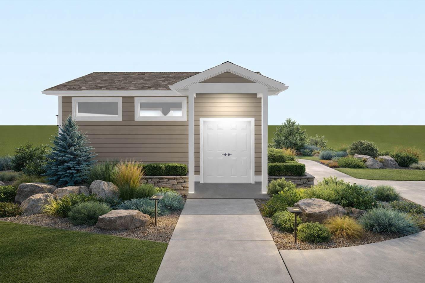 House plan exterior with taupe siding, double white doors, a pedimented portico, and modern landscaping. Two horizontal windows are visible.