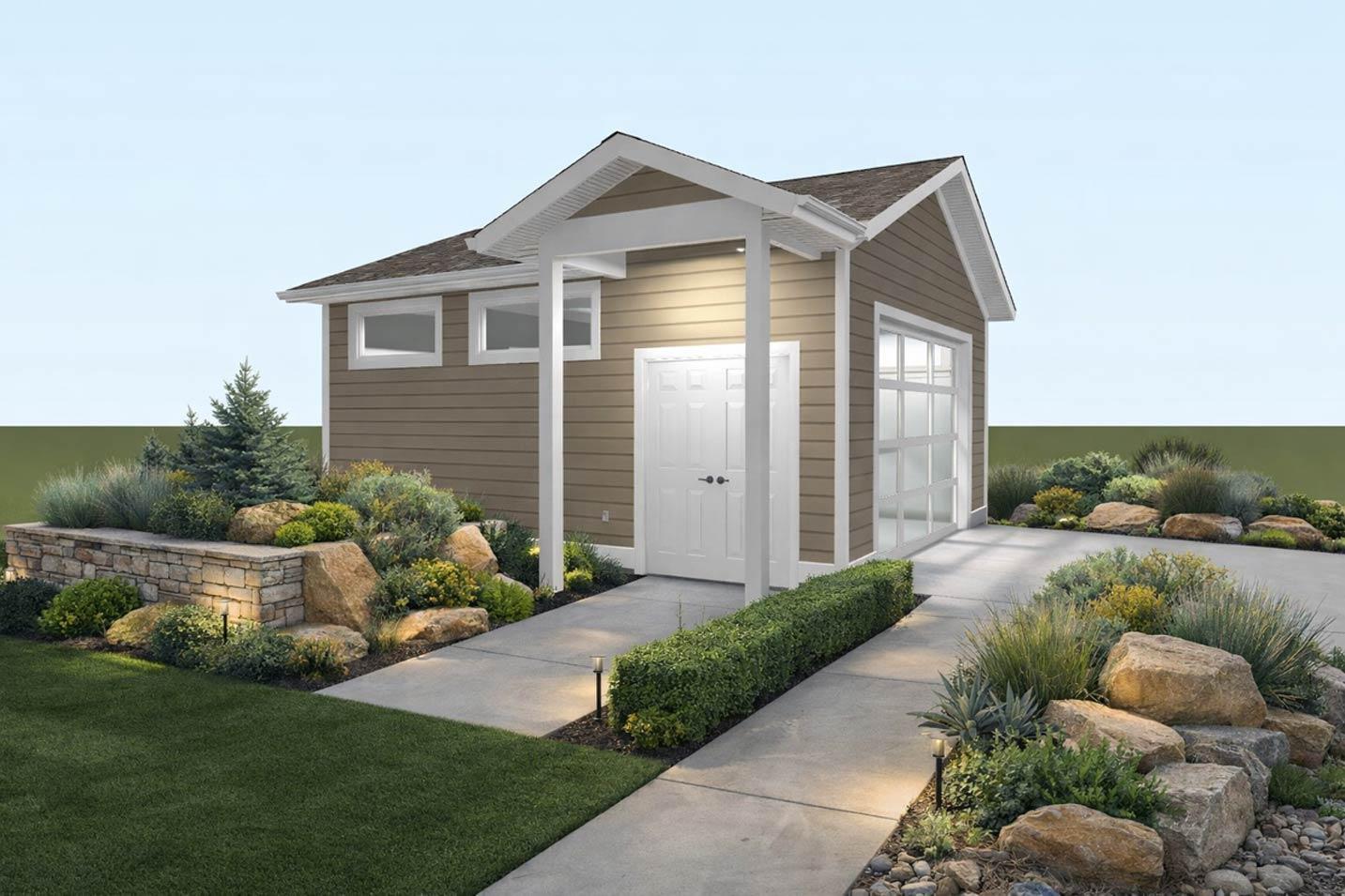 House plan exterior featuring a covered entry, side-facing garage door with glass panels, and horizontal siding.