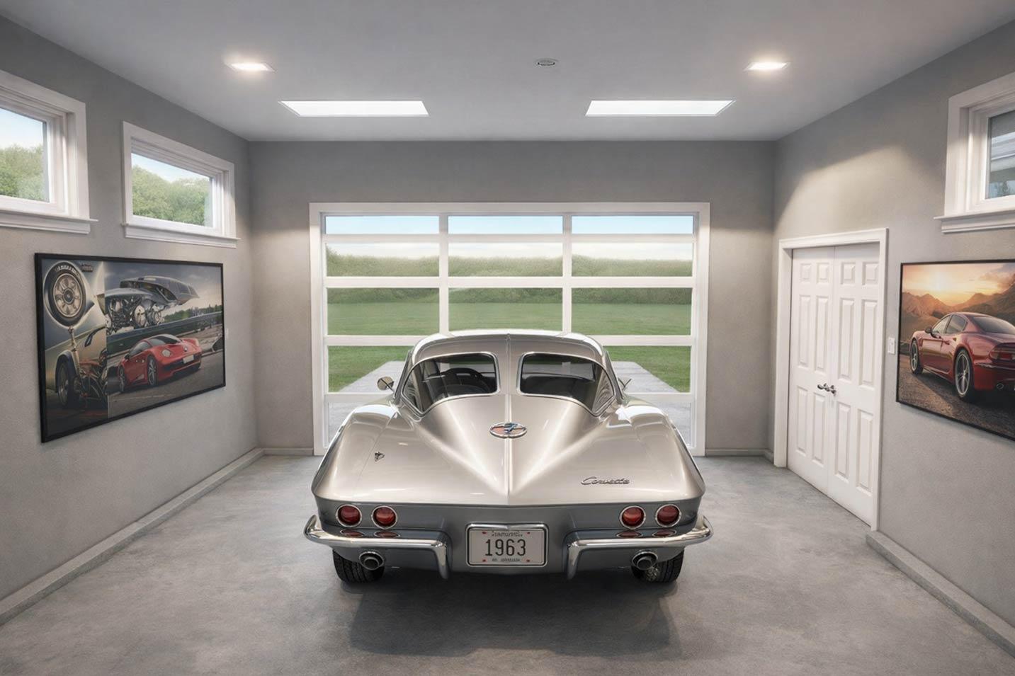 Modern garage interior with 1963 Corvette, glass garage door, and car-themed artwork.