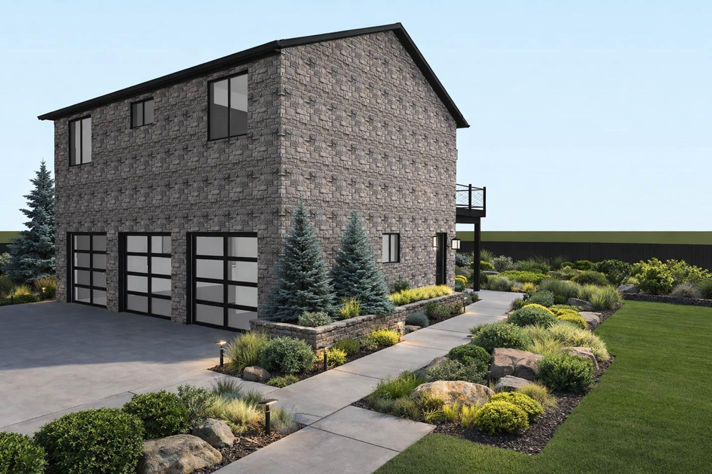 Modern two-story house plan exterior with stone facade, three glass garage doors, and a balcony.