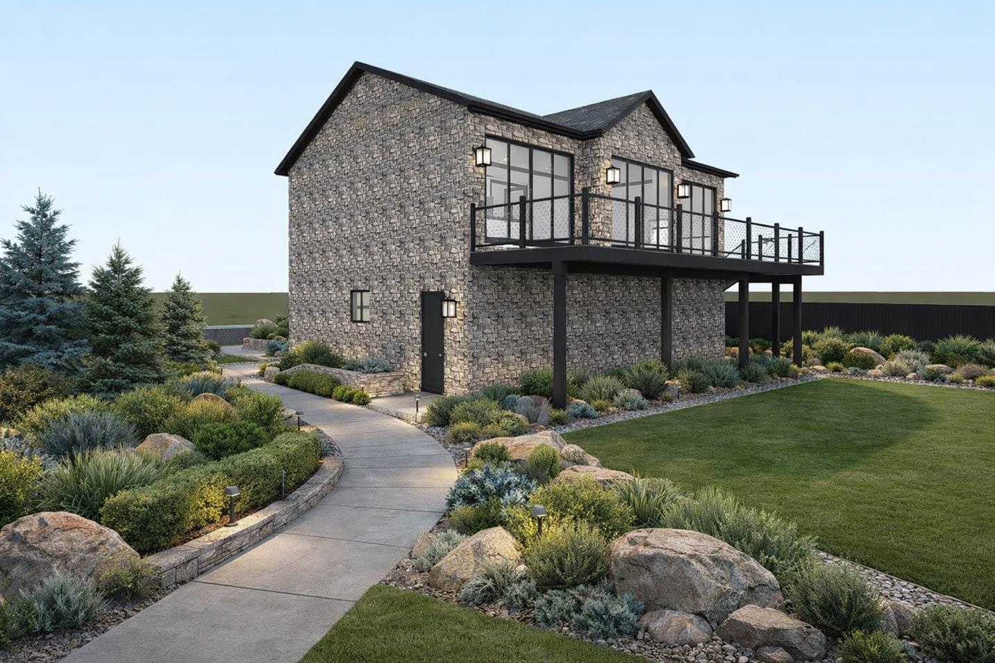 House plan exterior, two-story stone structure with a second-story deck, large windows, and a gabled roof.