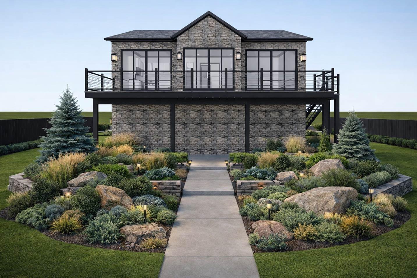 Modern house plan exterior with stone facade, elevated deck, and extensive landscaping. Two stories visible.