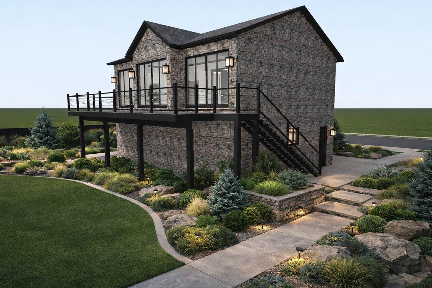House plan exterior, two stories, stone facade, upper deck with railing, and prominent exterior staircase.