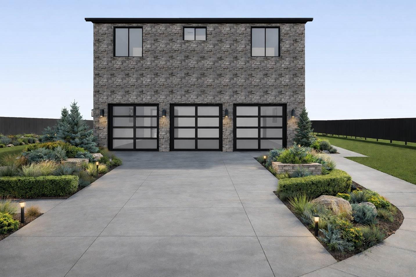 House plan exterior: Two-story structure with stone facade, three glass panel garage doors, and upper-level windows.