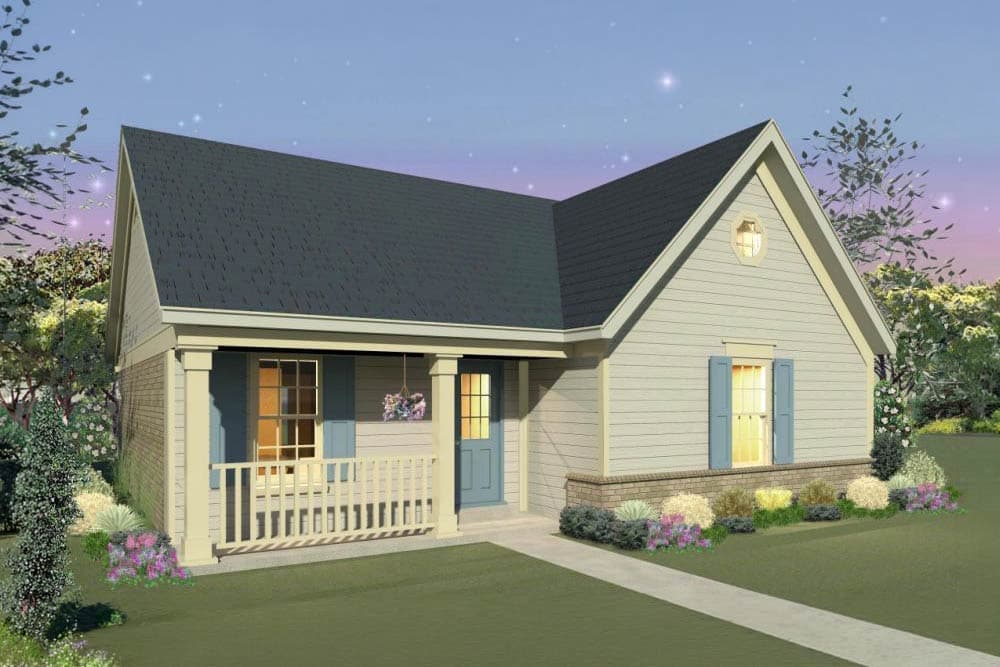 House plan exterior: one-story home with covered front porch, gable dormer, and siding.