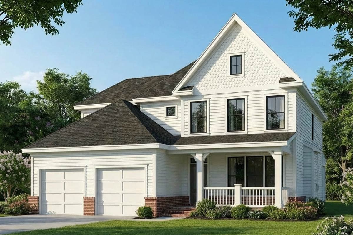 Two-story Modern Farmhouse house plan exterior with a front-facing gable, dormers, and a three-car garage.