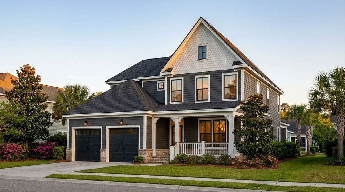 House plan exterior: two-story Modern Farmhouse with a covered front porch, twin garage doors, and a prominent front gable with dormer.
