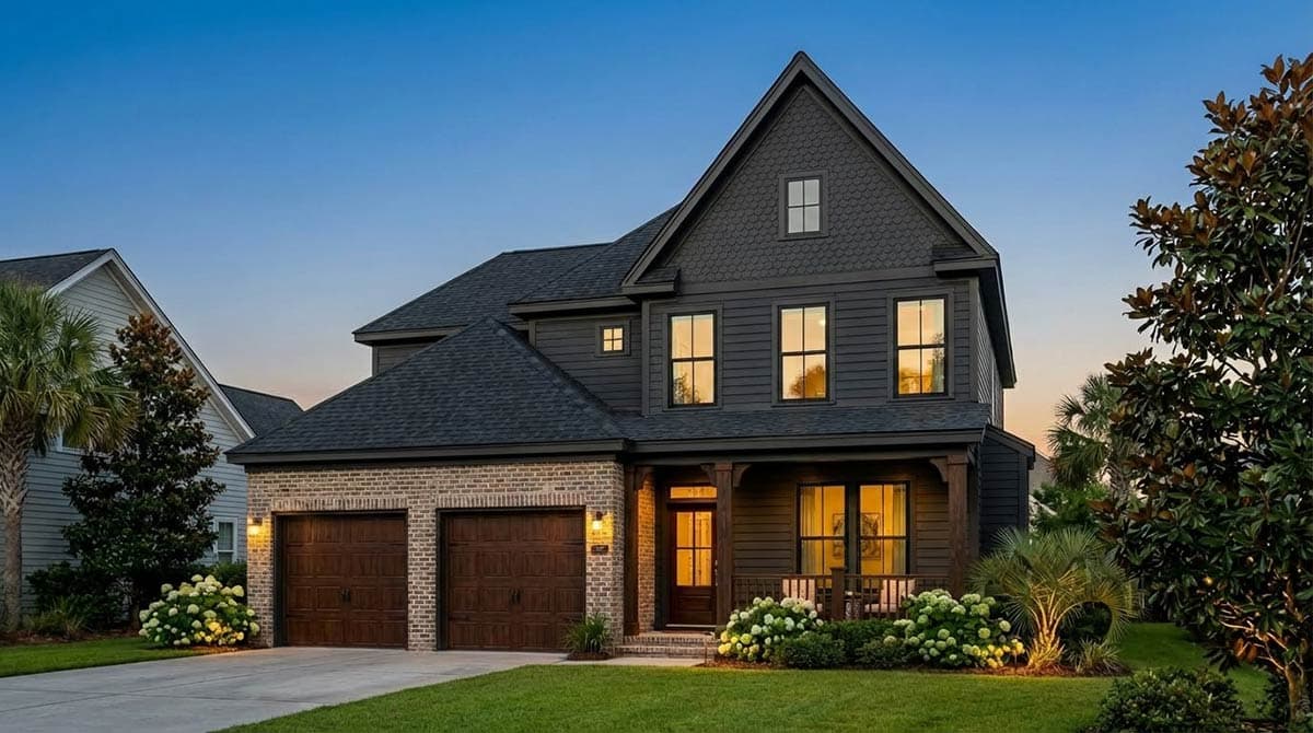 House plan exterior: two-story Modern Farmhouse with brick base, gable rooflines, front-facing two-car garage, and covered porch.
