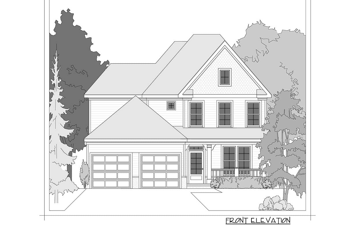 Front elevation house plan with a two-story facade, gabled dormer, wrap-around porch, and a side-facing three-car garage.