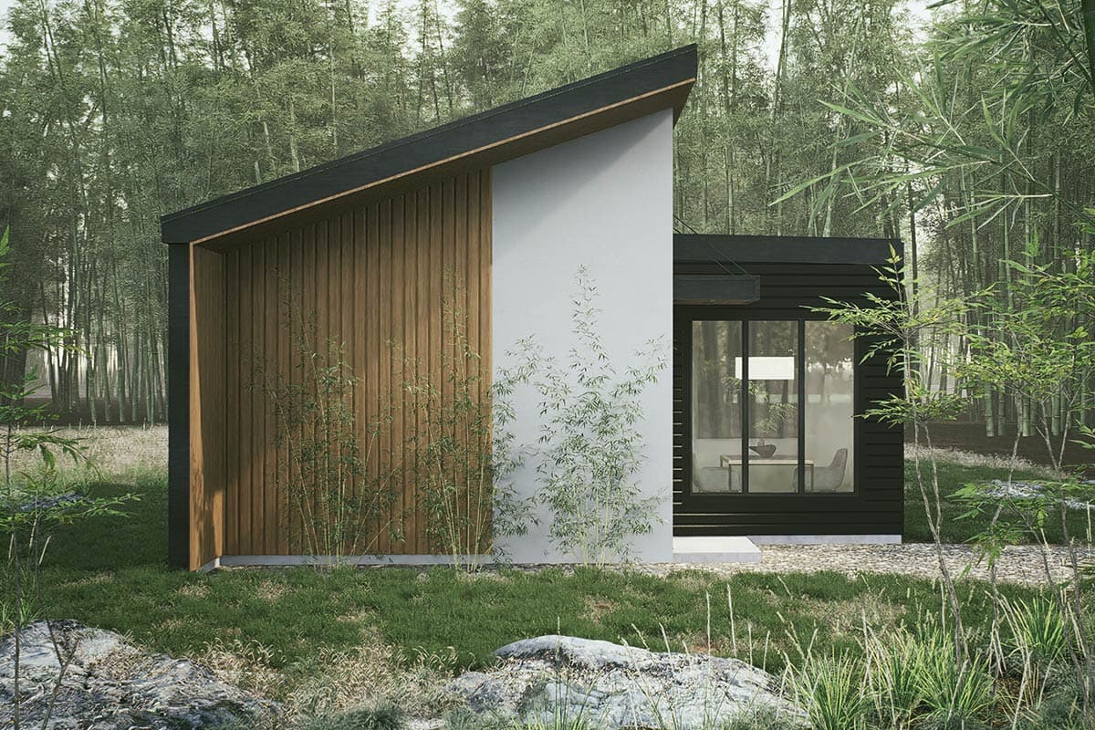 Modern house plan exterior with sloped roof, vertical wood siding, white stucco, and large window.