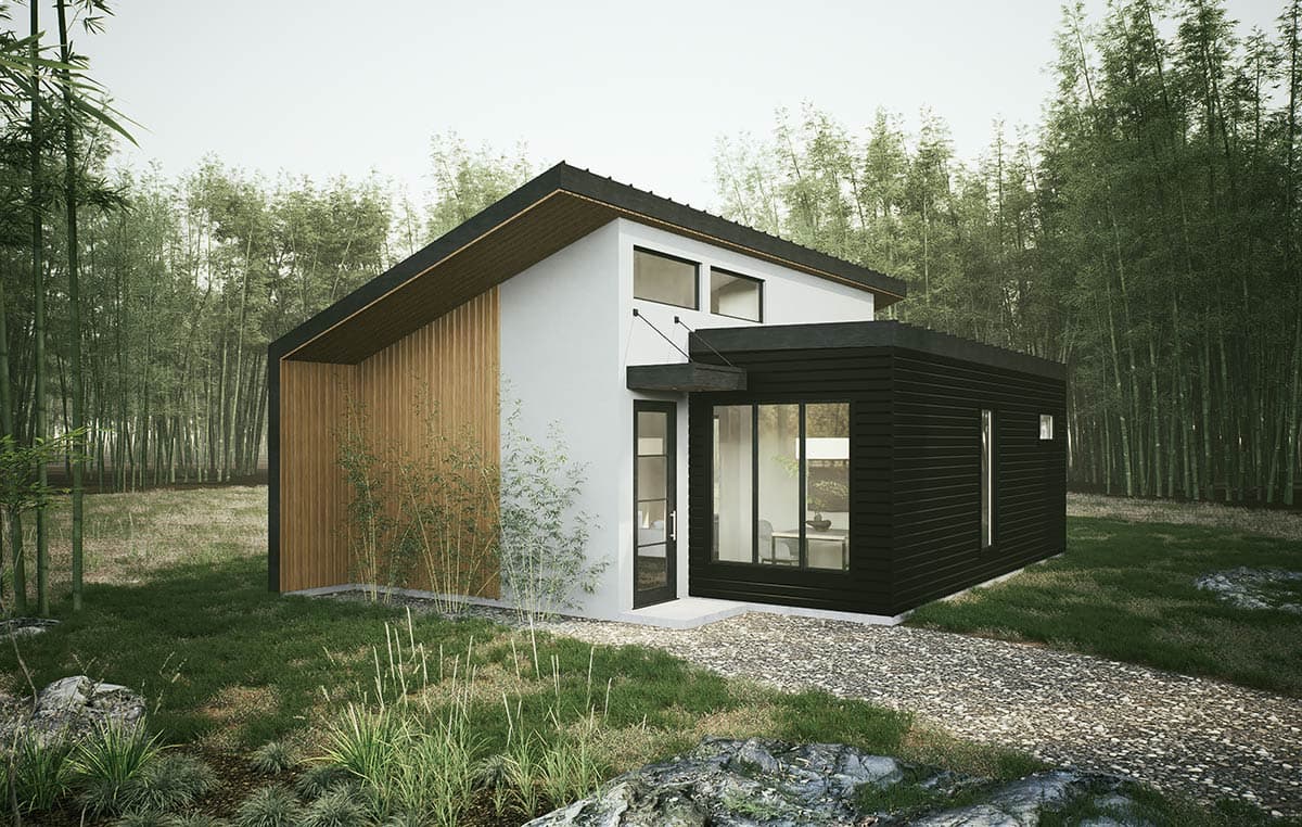 Modern house plan exterior with asymmetrical roofline, white stucco, dark siding, wood paneling, and large windows.