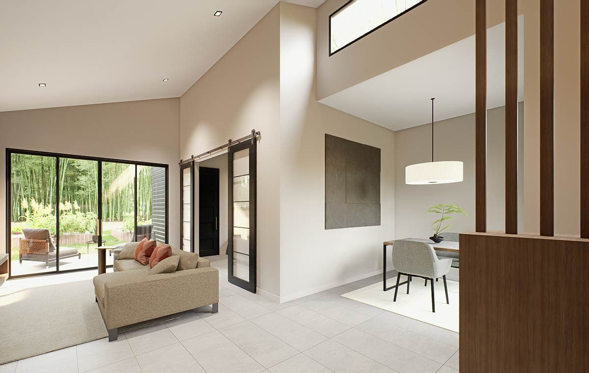 Modern living room rendering with vaulted ceiling, large sliding glass doors, and interior wood partition.