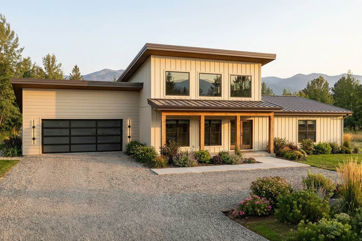 Modern house plan exterior with a two-car garage, covered porch with wood columns, and metal rooflines.