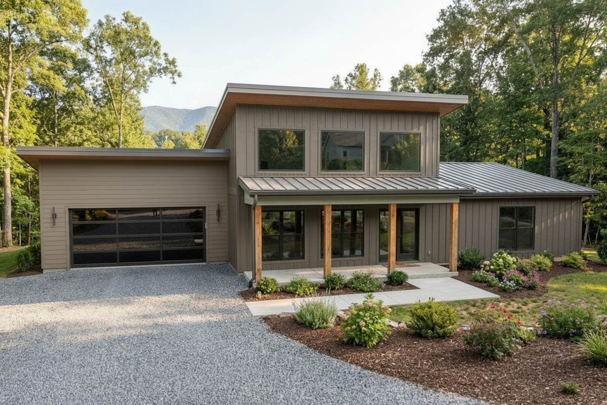Modern two-story house plan exterior with a shed roof, wood siding, prominent chimney, and attached garage.