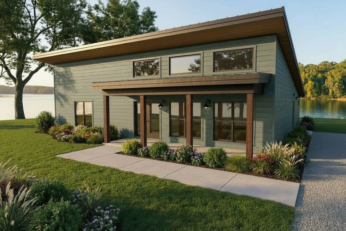 House plan exterior with a modern style, covered porch with wood posts, horizontal siding, and a low-slope roof.