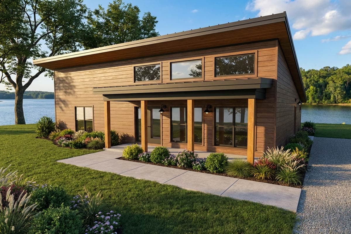 Modern house plan exterior with horizontal wood siding, a cantilevered roof, covered porch with wood posts, and an upper row of three windows.