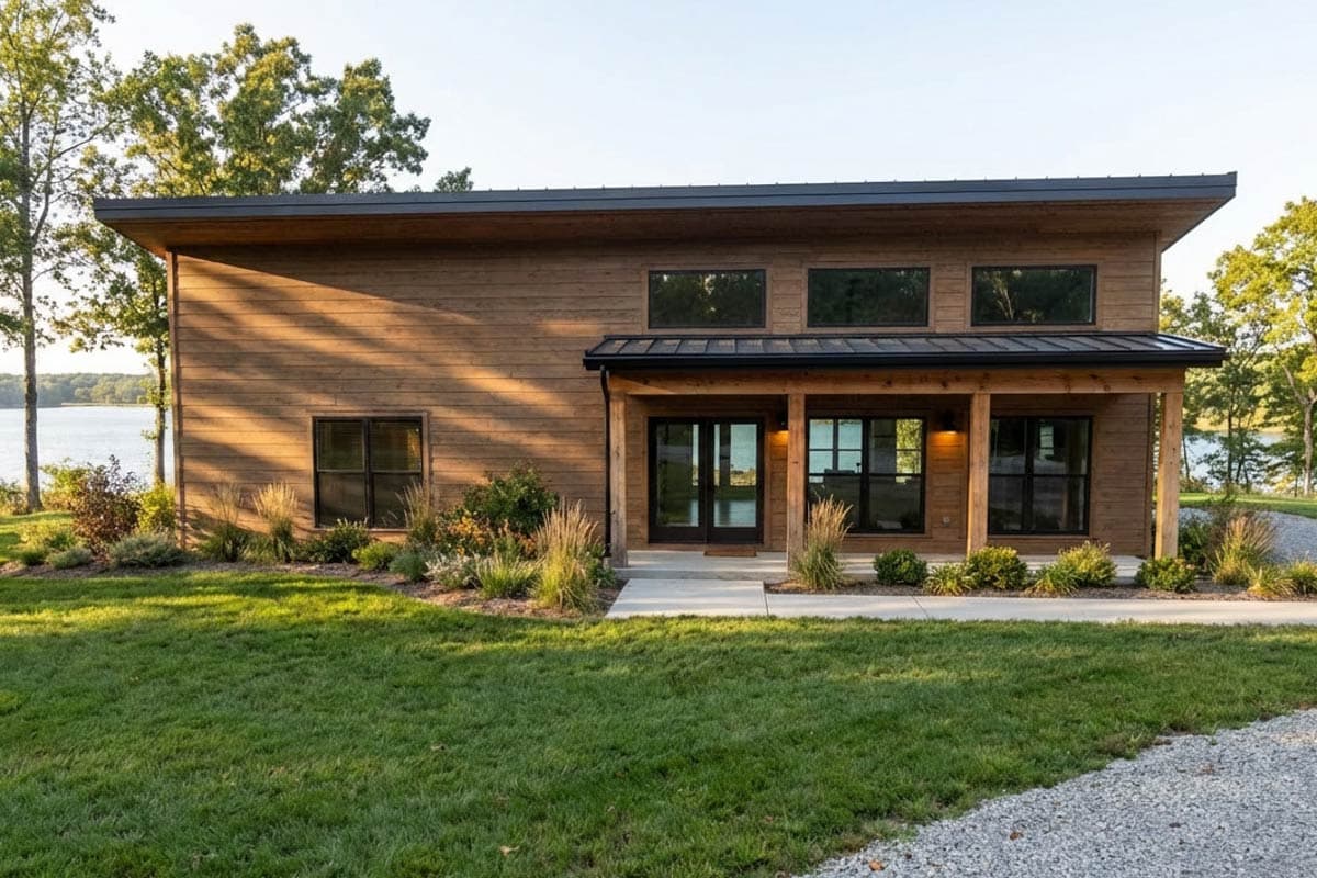 Modern house plan exterior with wood siding, flat roof, covered porch, and multiple windows.