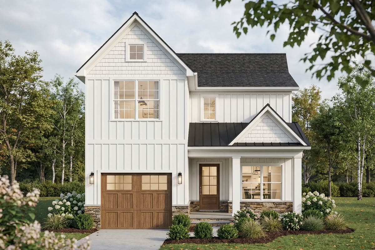 Modern Farmhouse house plan exterior, two stories, board and batten siding, prominent gables, and attached garage.