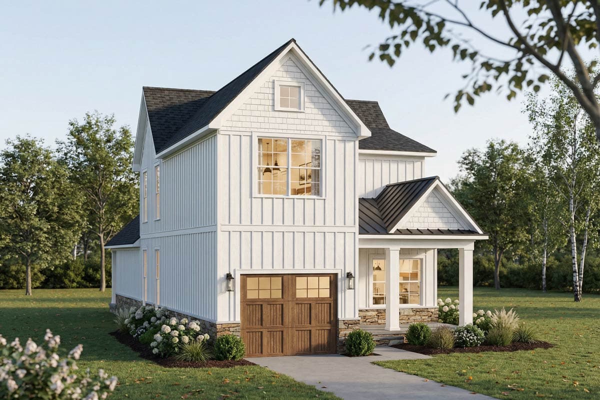 Modern Farmhouse house plan exterior, two stories, white vertical siding, gable rooflines, covered porch, stone foundation, wood garage door.