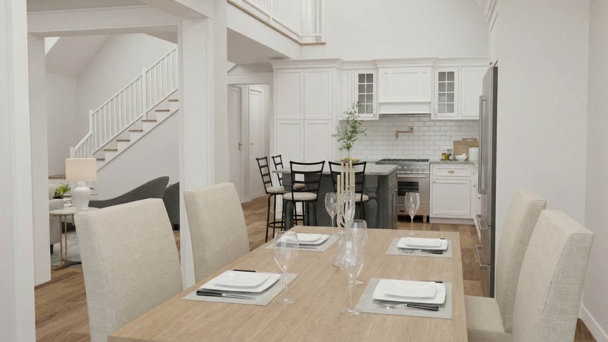 Interior rendering showing dining area, kitchen with island and bar stools, and stairs to loft.