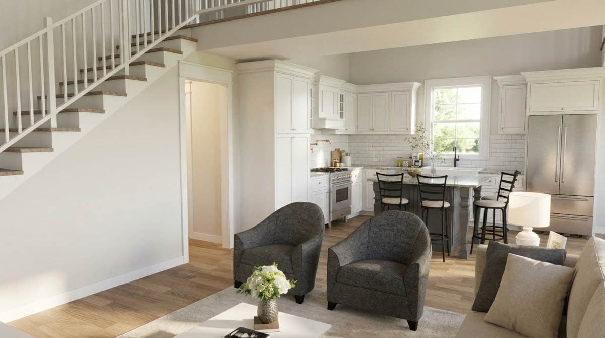 Interior rendering shows a kitchen with white cabinetry, island, and stainless steel appliances, adjacent to a living area with stairs.