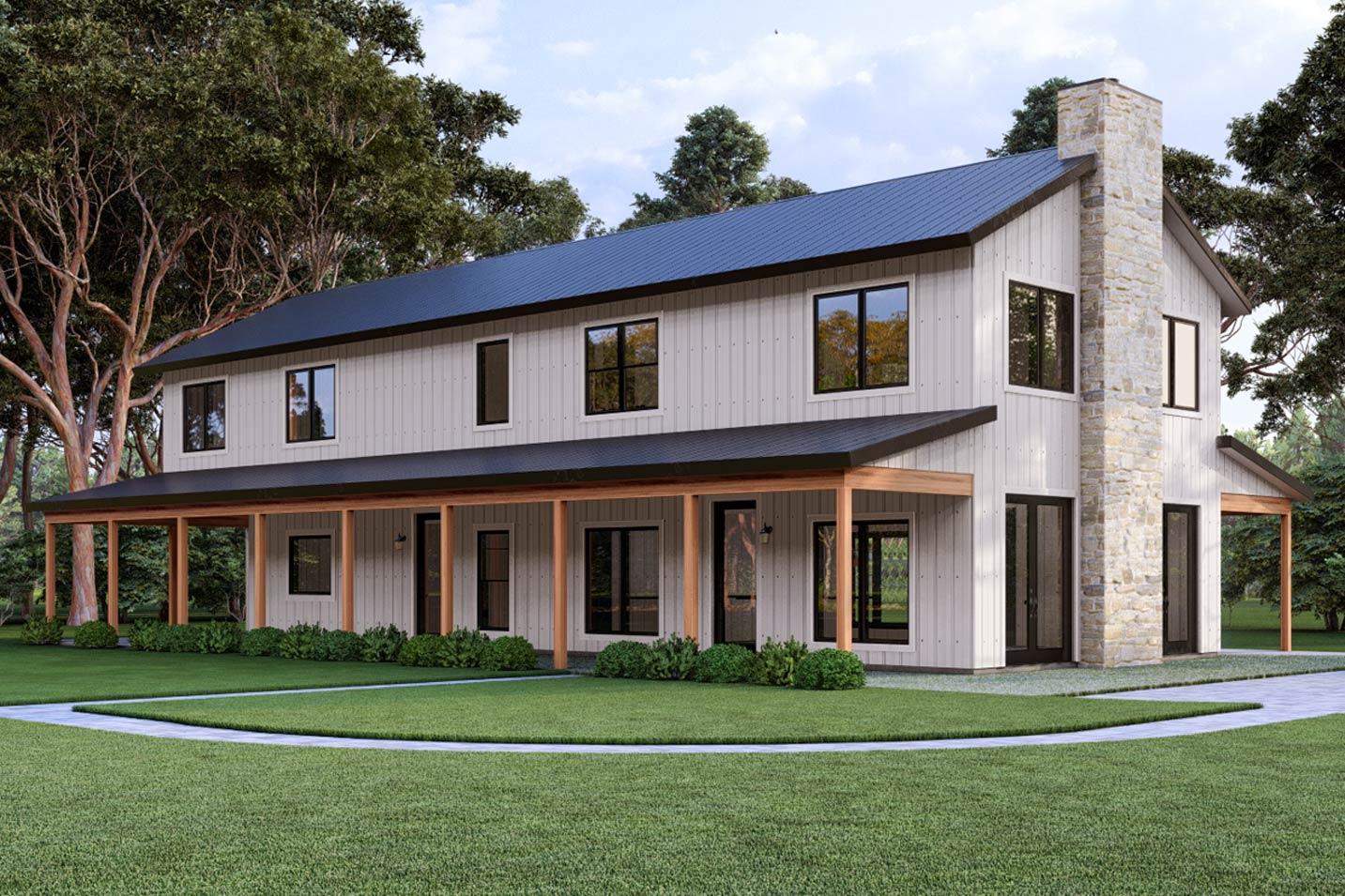 Modern Farmhouse house plan exterior, two stories, with a wrap-around porch, metal roof, and stone chimney.