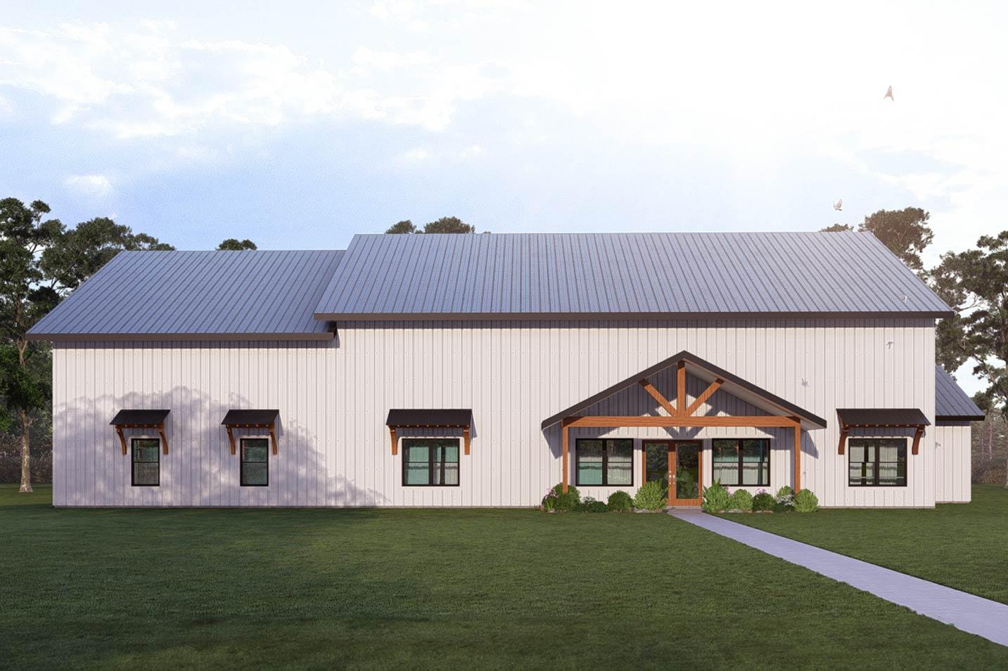 Modern Farmhouse house plan exterior with metal roof, white vertical siding, and exposed wood gable entry.