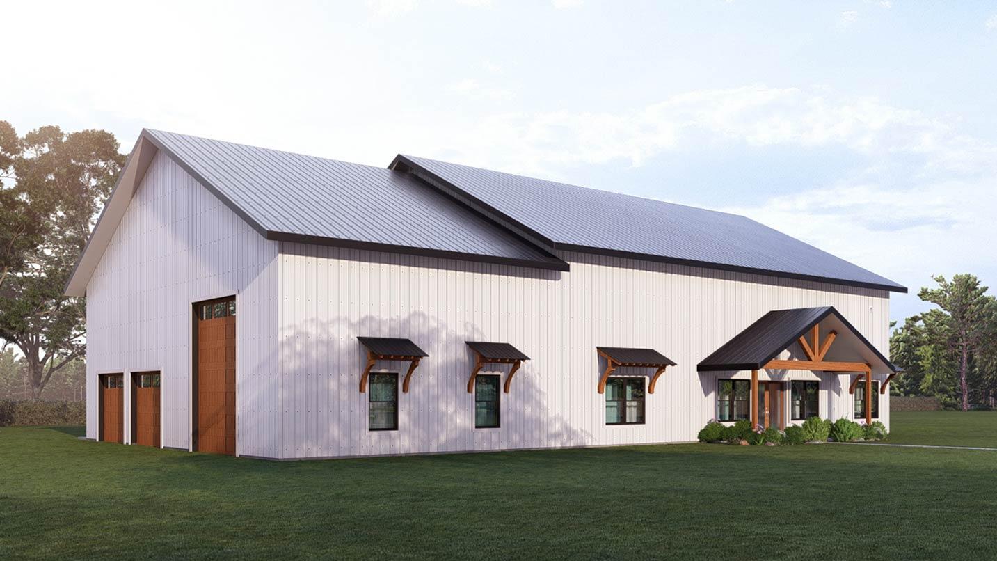Modern house plan exterior with metal roof, gabled entry porch with wood beams, and multiple garage bays.