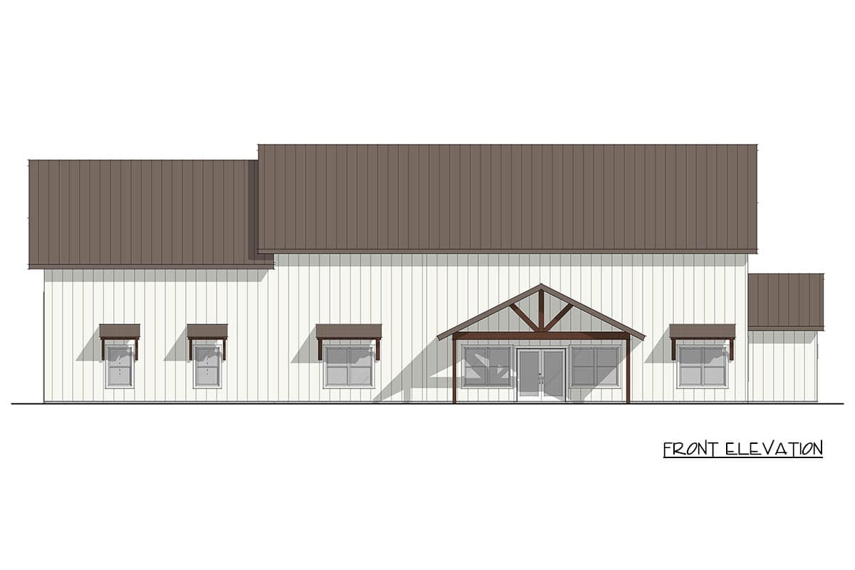 Front elevation drawing of a single-story house with a gabled entrance, board and batten siding, and a metal roof.