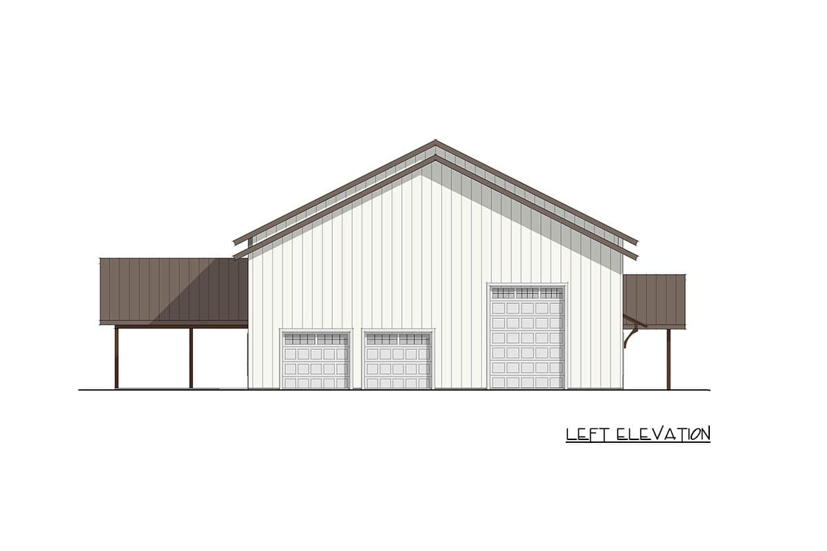 Left elevation house plan showing a white vertical board and batten exterior with a gable roof, three garage doors, and attached covered sections.