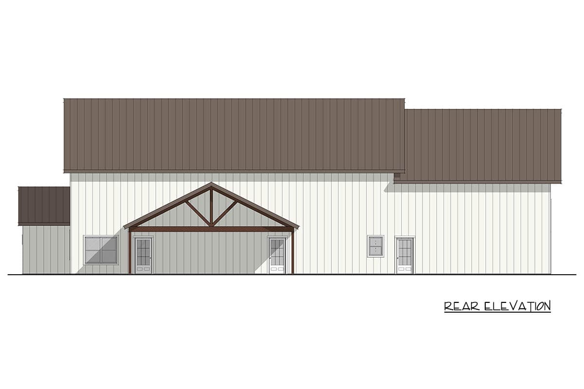 Rear elevation house plan with a covered entry, gable roof, white siding, and brown metal roof.