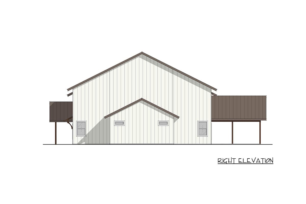 House plan right elevation. Gable roof, board and batten siding, and extended rooflines over covered areas.