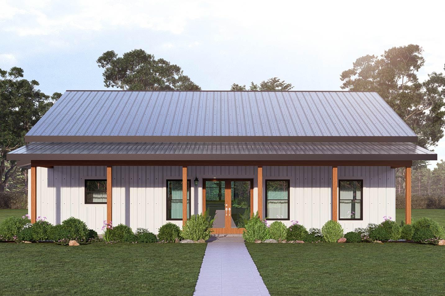 One-story house plan exterior with a metal gable roof, wide covered porch supported by wood posts, and board-and-batten siding.