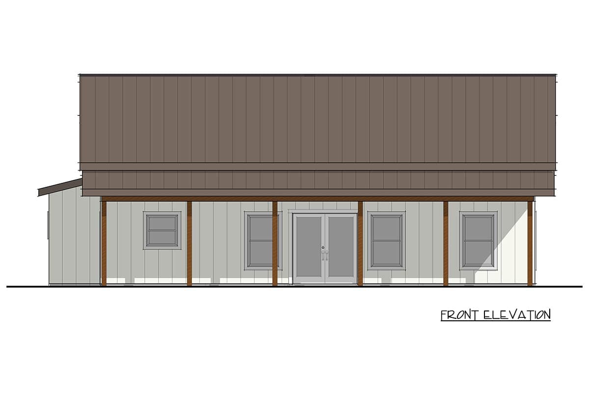 Front elevation drawing of a house with a metal roof, porch columns, double doors, and windows.