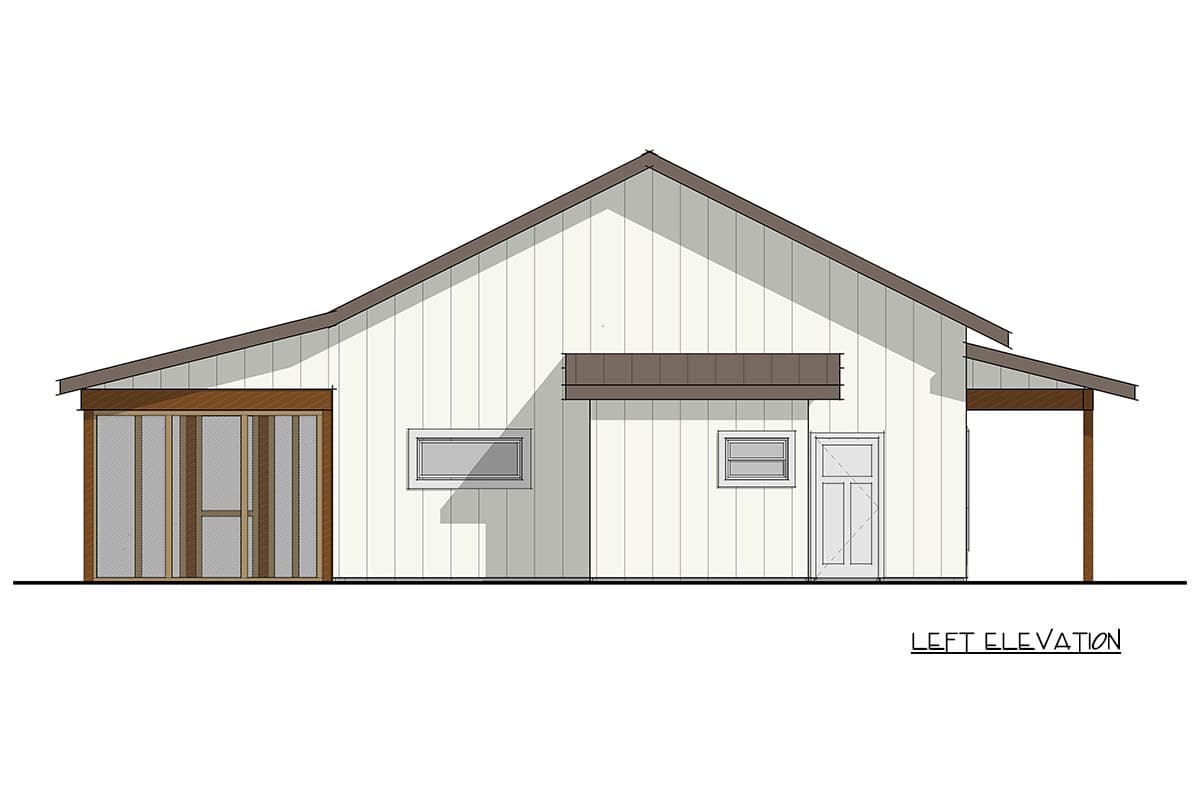 Left elevation of a house plan showing a screened porch, windows, a door, and a covered porch.