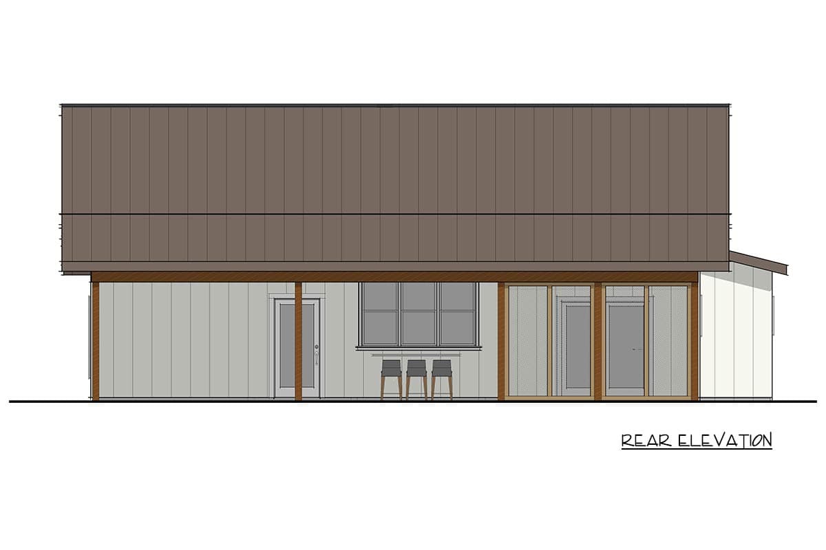 Rear elevation of a house plan showing a metal gable roof, vertical siding, doors, and a large multi-pane window with bar stools.