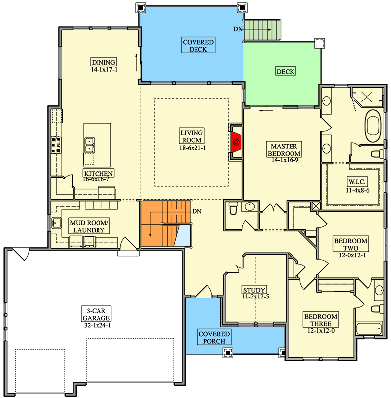Plan 95359RW: Craftsman Ranch House Plan with Three Bedrooms and Three Car Garage - Floor Plan - Main Level - Craftsman, Mountain, New American, Ranch