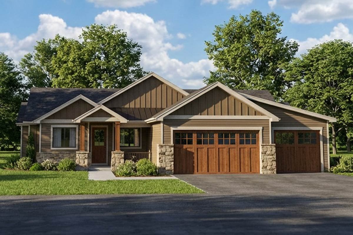 House plan exterior: Single-story Modern Farmhouse with front porch, gables, stone accents, and a triple-bay garage.