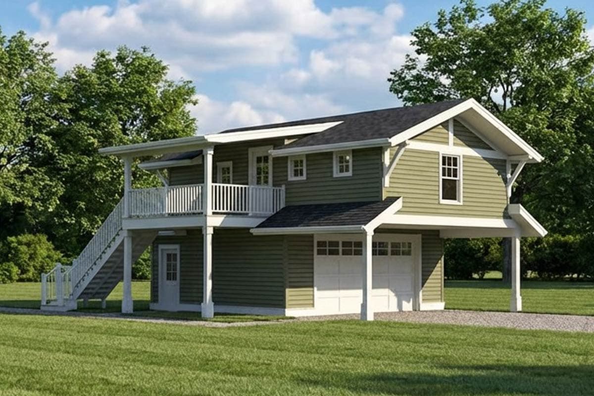 House plan exterior: two-story home with attached garage, second-story deck accessed by exterior stairs, and gabled dormers.