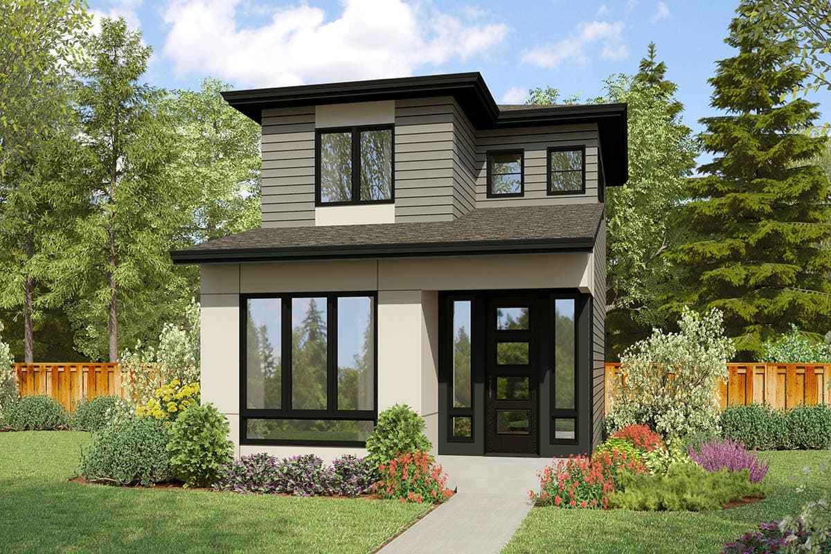 Modern two-story house plan exterior with horizontal siding, flat roof, and large windows.