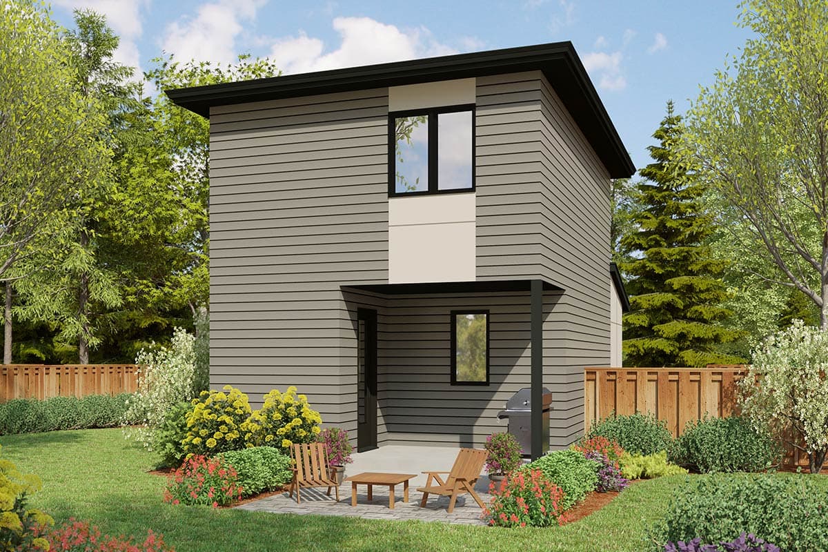 Two-story modern house plan exterior with horizontal siding, flat roof, and covered entry.