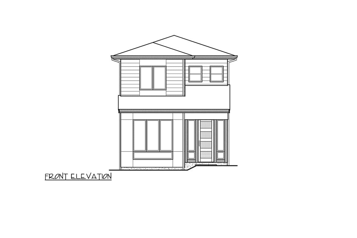 Front elevation drawing of a two-story house plan with a pitched roof, horizontal siding, and multiple windows.