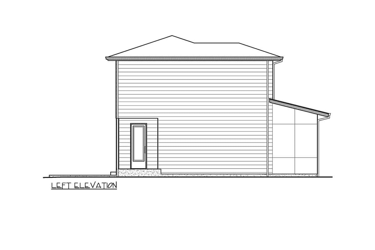 Left elevation drawing of a two-story house plan with horizontal siding, a simple door, and a sloped roof over an adjoining structure.